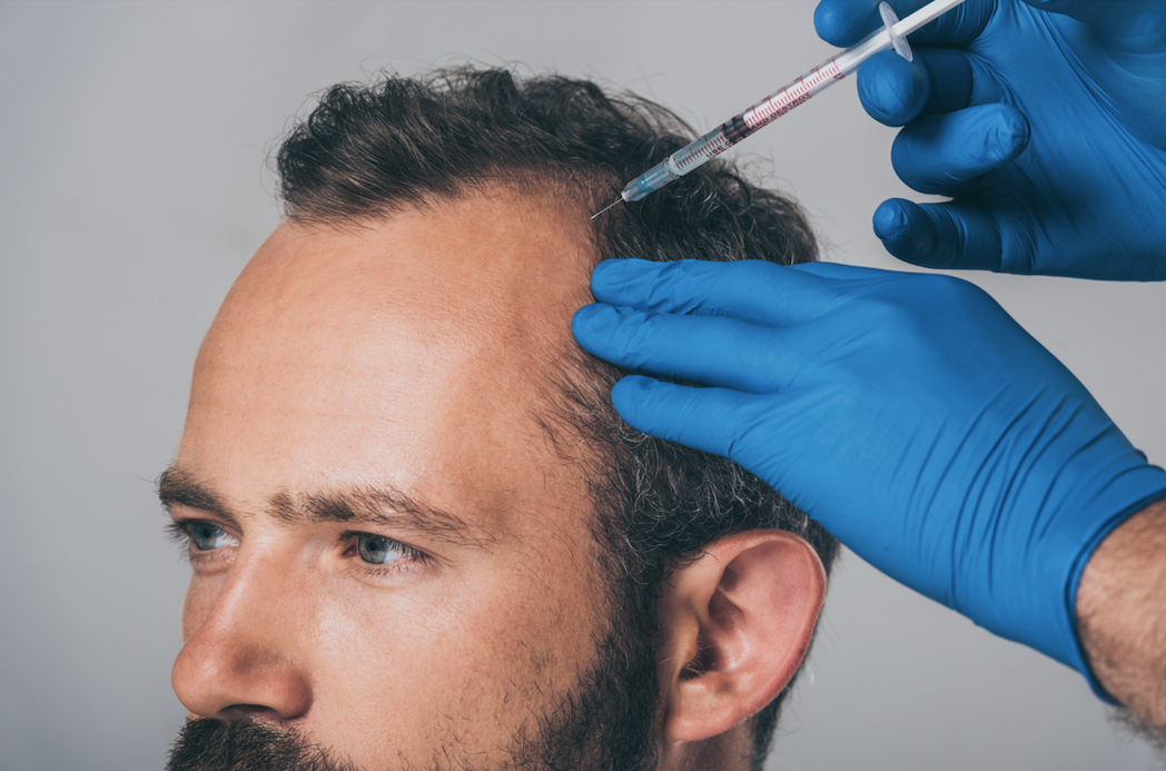 A man with hair loss receiving injection into scalp by clinician EXOSOMES_Laviel_clinic_hair_treatment at Laviel clinic